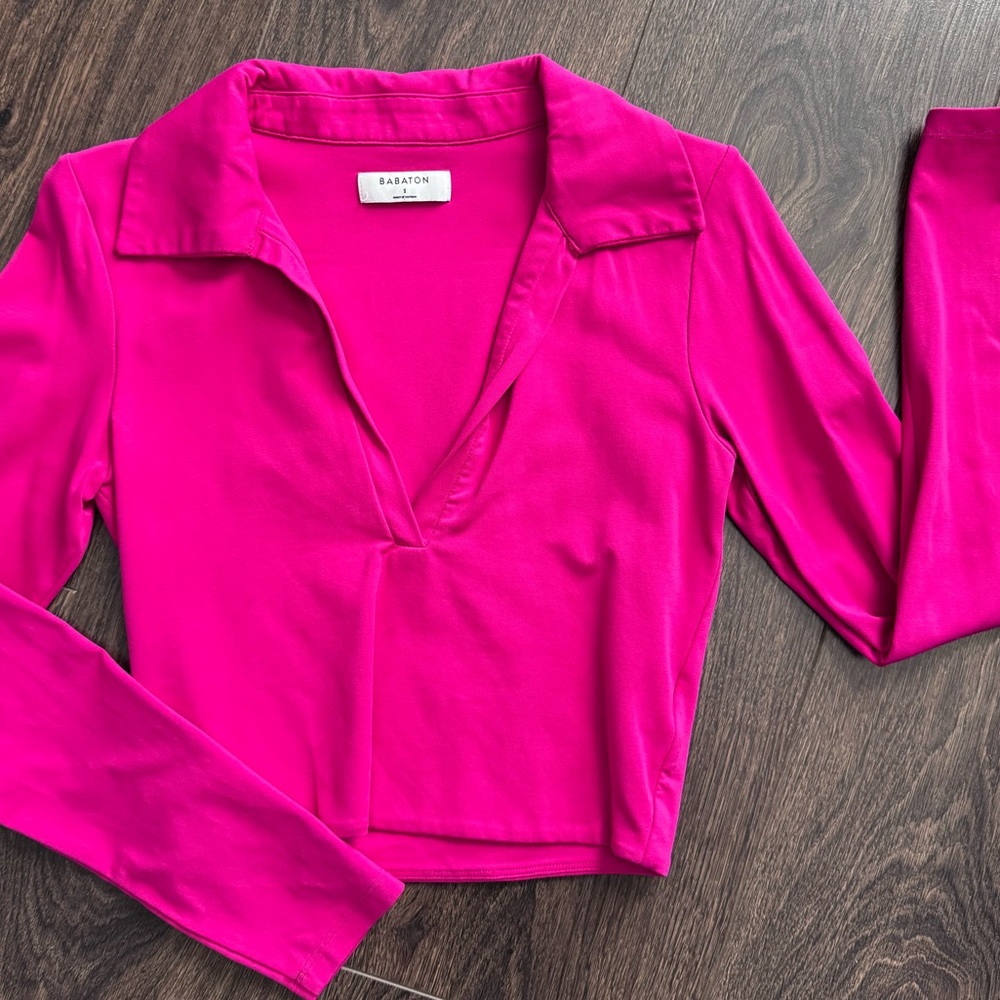 Artizia Babaton Fuchsia Contour Polo Cropped Long Sleeve